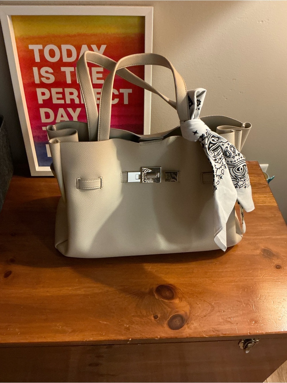 DKNYC Taupe-Beige Structured Satchel with Bandana Accent